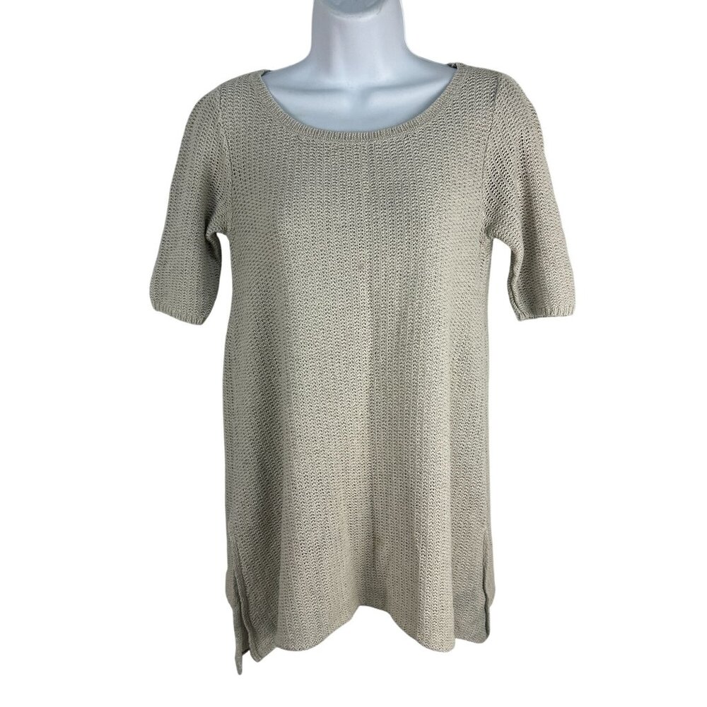 Eileen Fisher Womens XS Beige Knit Tunic Top Short Sleeves Casual
